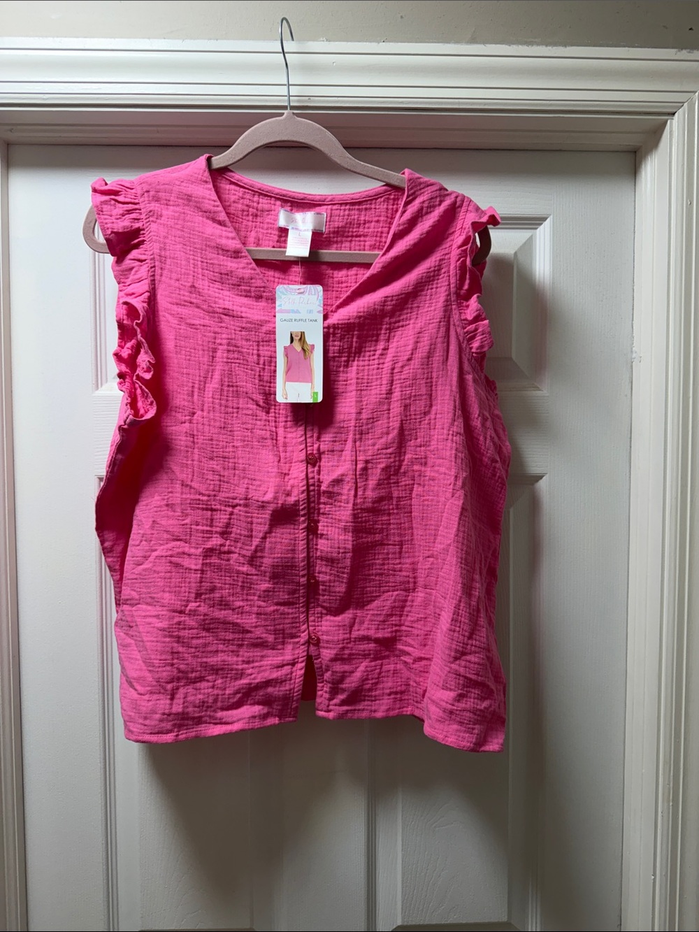 Sleeveless Ruffle-Trim V-Neck Camisole in Bright Pink